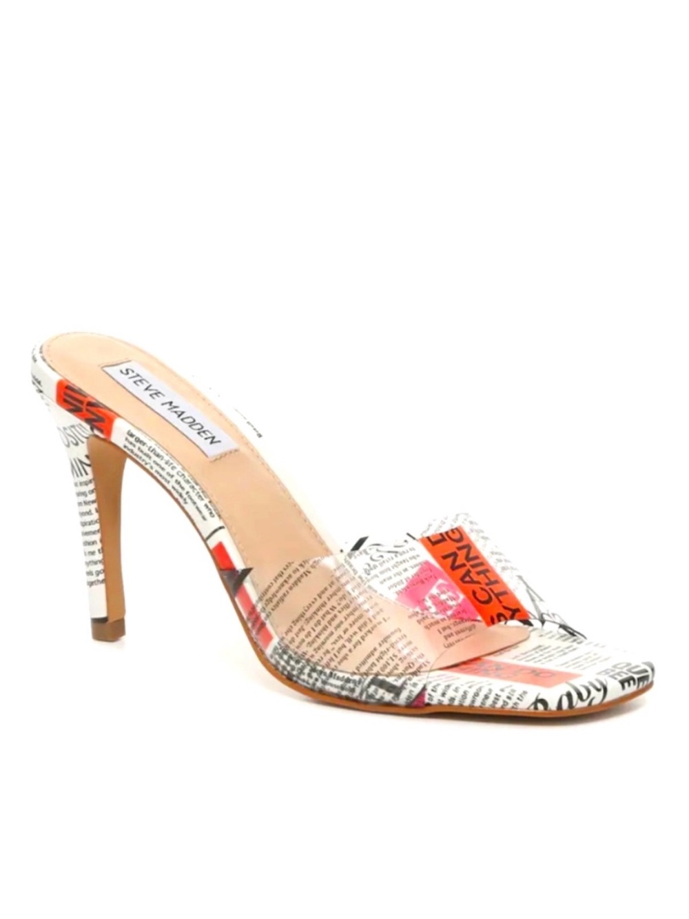Steve Madden Tolly Newspaper Print Clear Strap Lucite Heel Sandal 8